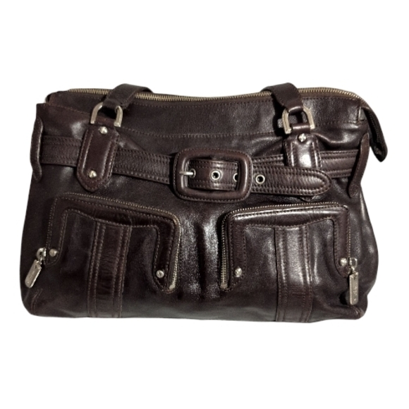 Vintage COLE HAAN Aerin DarkBrown Belt Loops Buckle Accent Large Satchel Handbag - Picture 3 of 16